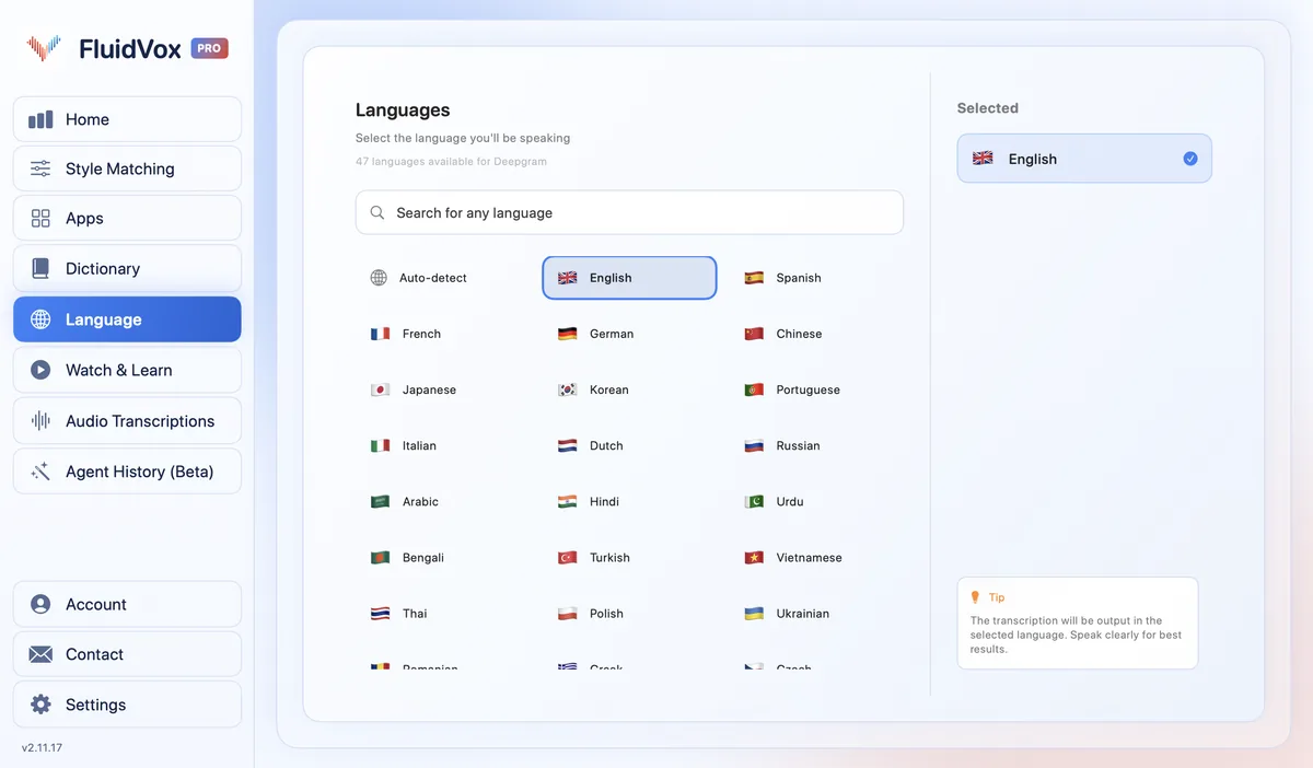 FluidVox language settings, where you choose the language you talk in before you start dictating