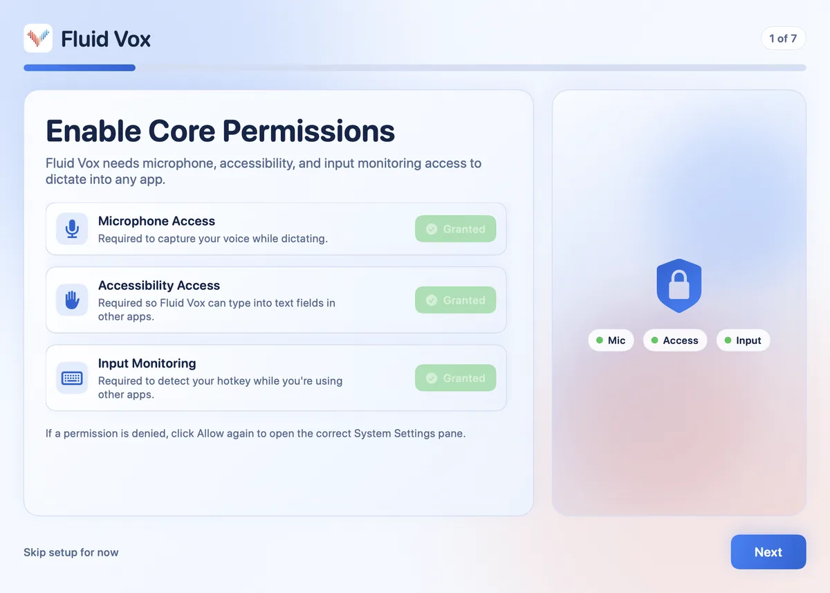 FluidVox setup screen asking for microphone, accessibility and input monitoring access on a Mac