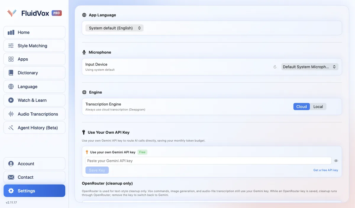 FluidVox settings with the microphone input device and a choice of cloud or local transcription