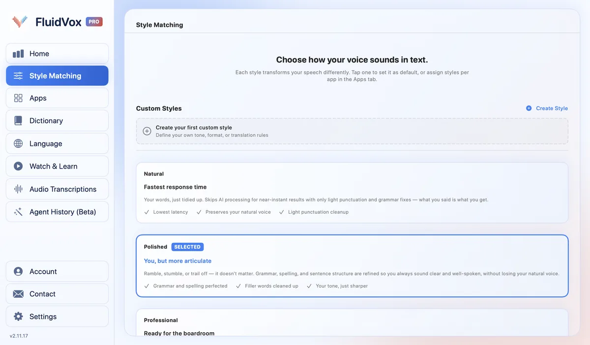 FluidVox style matching screen where you choose how your voice sounds in text for each app